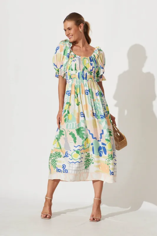 Truly Midi Dress In Multi Mediterranean Garden Print sold by St Frock