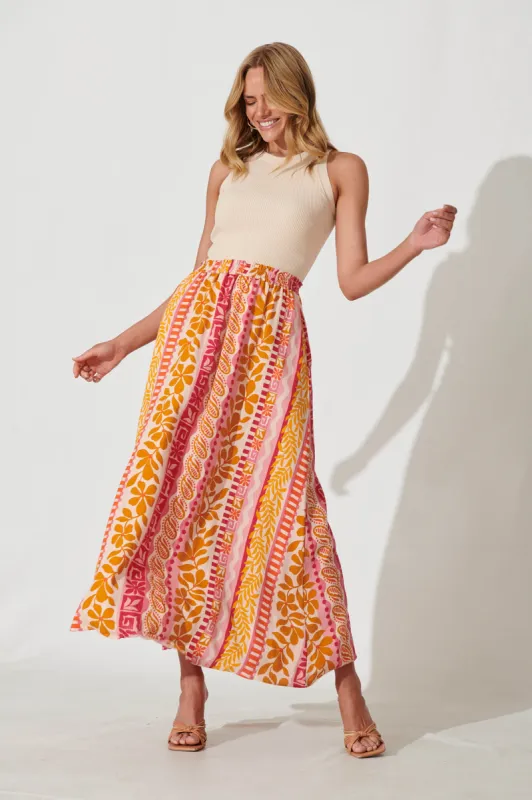 Island Maxi Skirt In Pink With Rust Linen Blend sold by St Frock