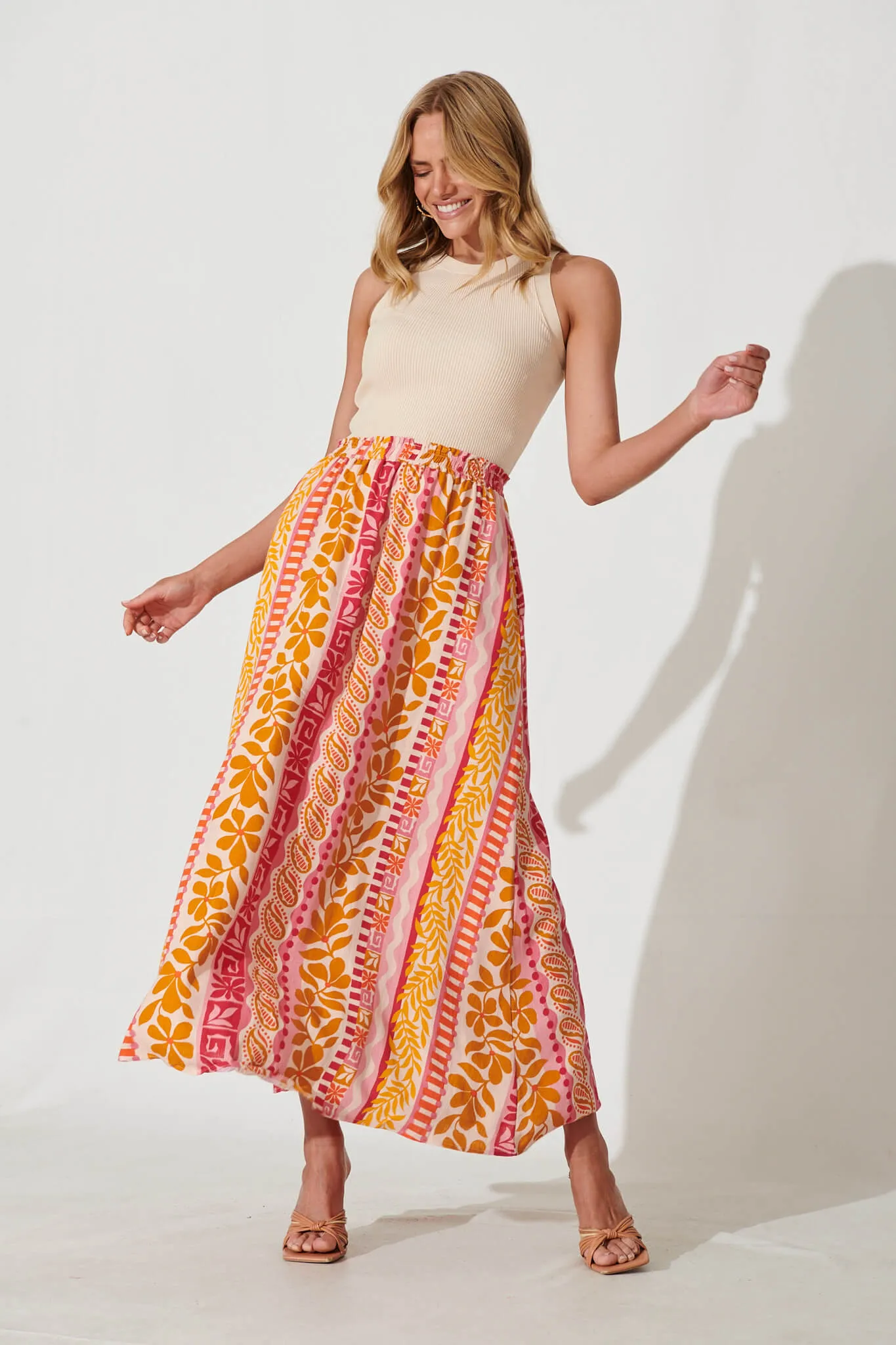 Island Maxi Skirt In Pink With Rust Linen Blend sold by St Frock