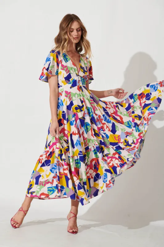 Nevada Maxi Dress In Bright Multi Leaf Print sold by St Frock