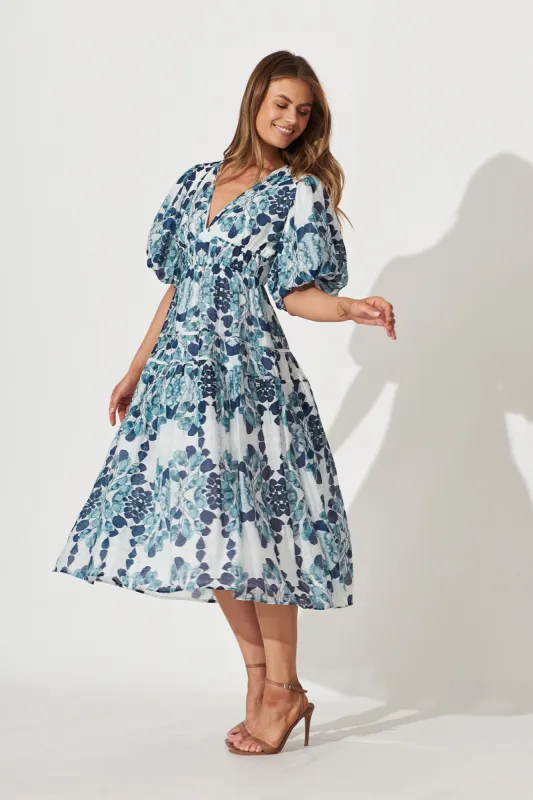 Amalie Midi Dress In Blue Leaf Print sold by St Frock