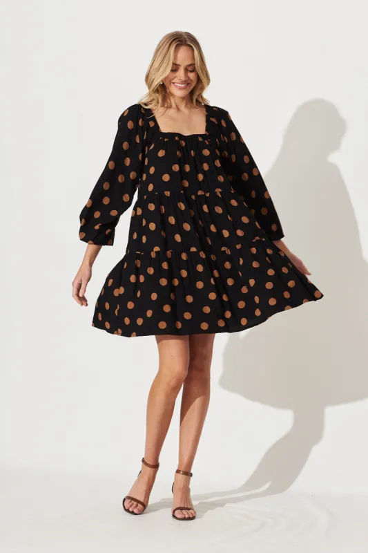 Noni Smock Dress In Black With Brown Polka Dot sold by St Frock