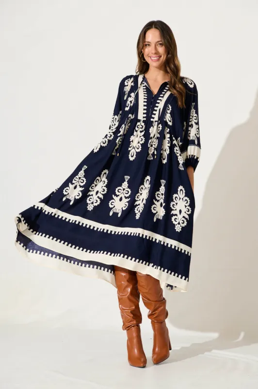 Barrymore Midi Dress In Navy With Cream Border Print sold by St Frock