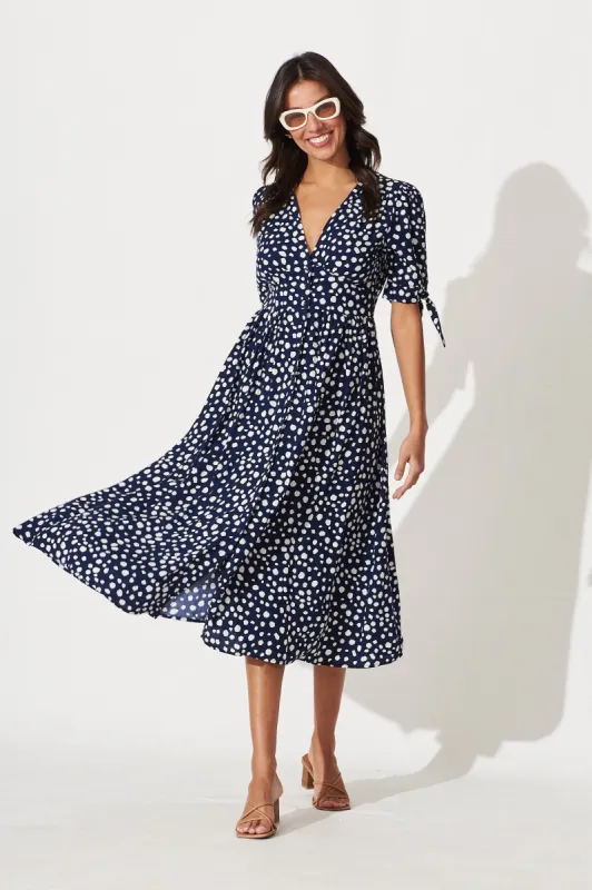 Akari Midi Dress In Navy With White Speckle sold by St Frock