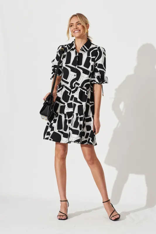 Daydream Smock Dress In Black With White Print Cotton sold by St Frock