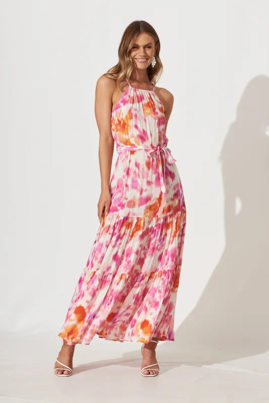 Reva Maxi Halter Sundress In Pink And Orange Watercolour sold by St Frock