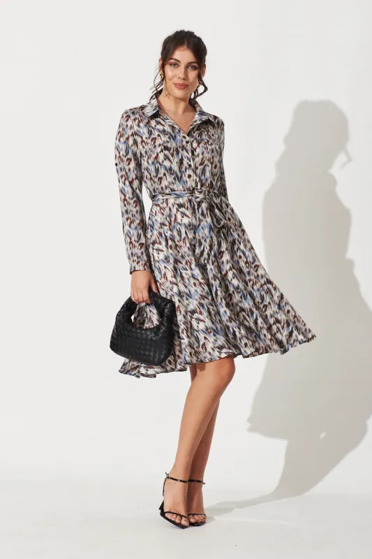 Brandy Shirt Dress In White With Blue Multi Satin sold by St Frock