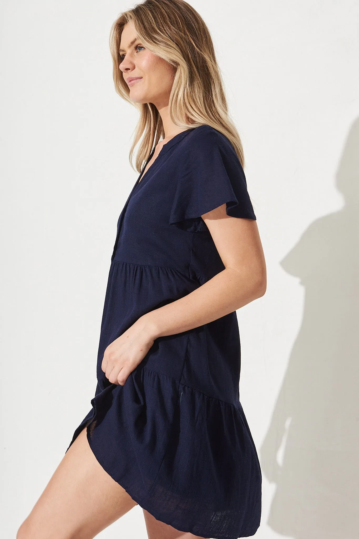 Adeline Shirt Dress In Navy Linen Blend sold by St Frock product image thumbnail 3
