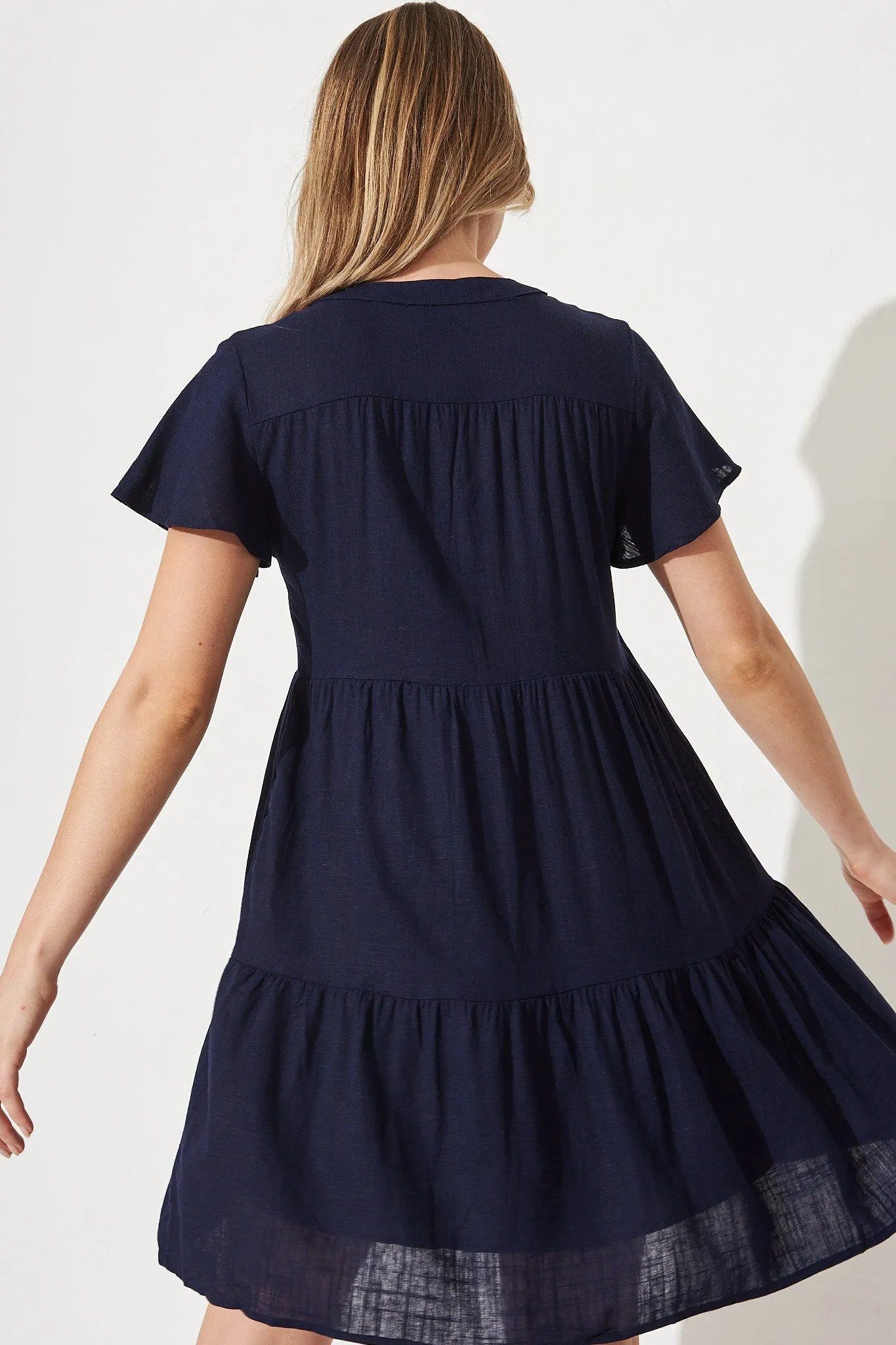 Adeline Shirt Dress In Navy Linen Blend sold by St Frock product image thumbnail 4