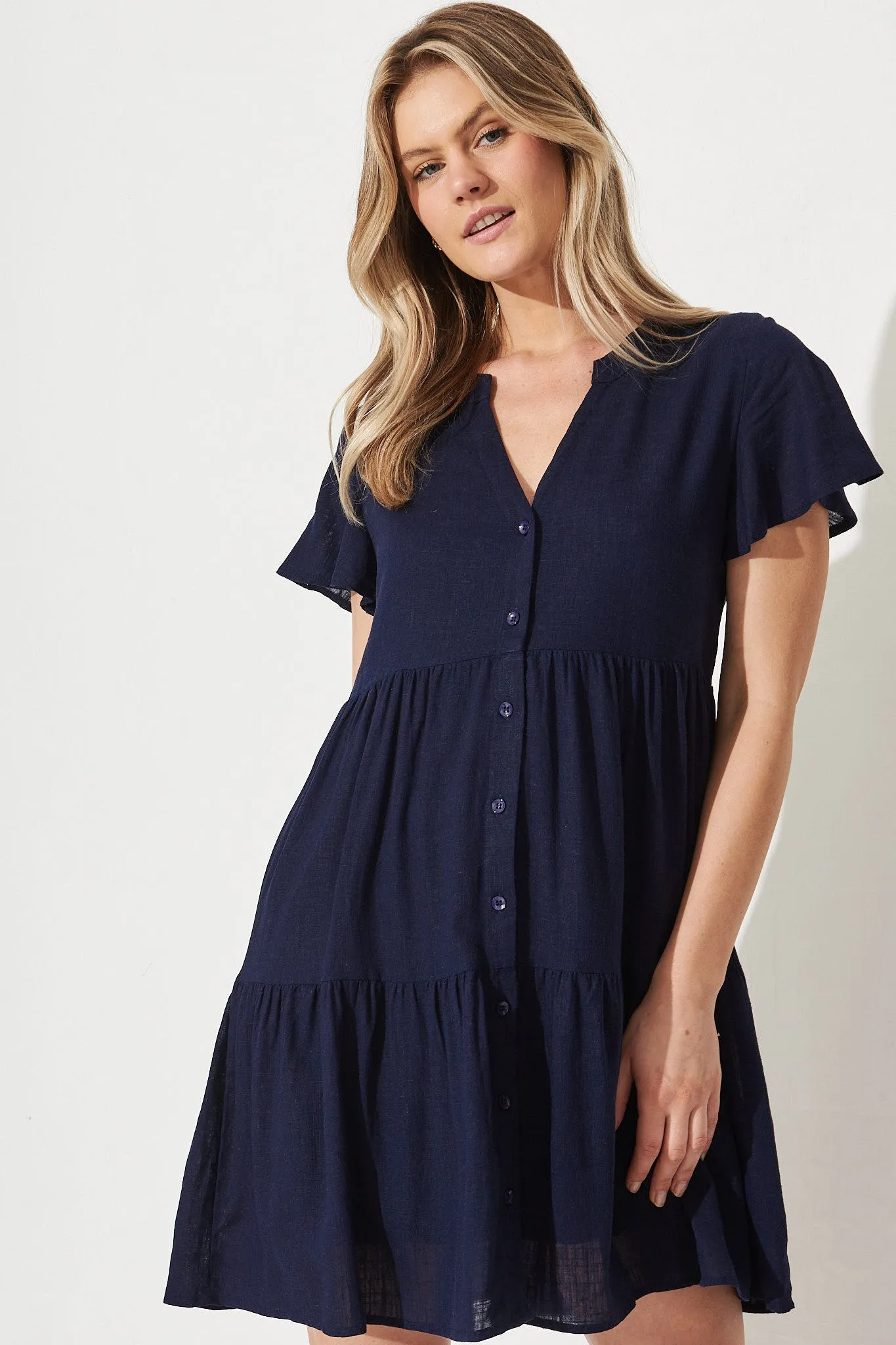 Adeline Shirt Dress In Navy Linen Blend sold by St Frock product image thumbnail 2