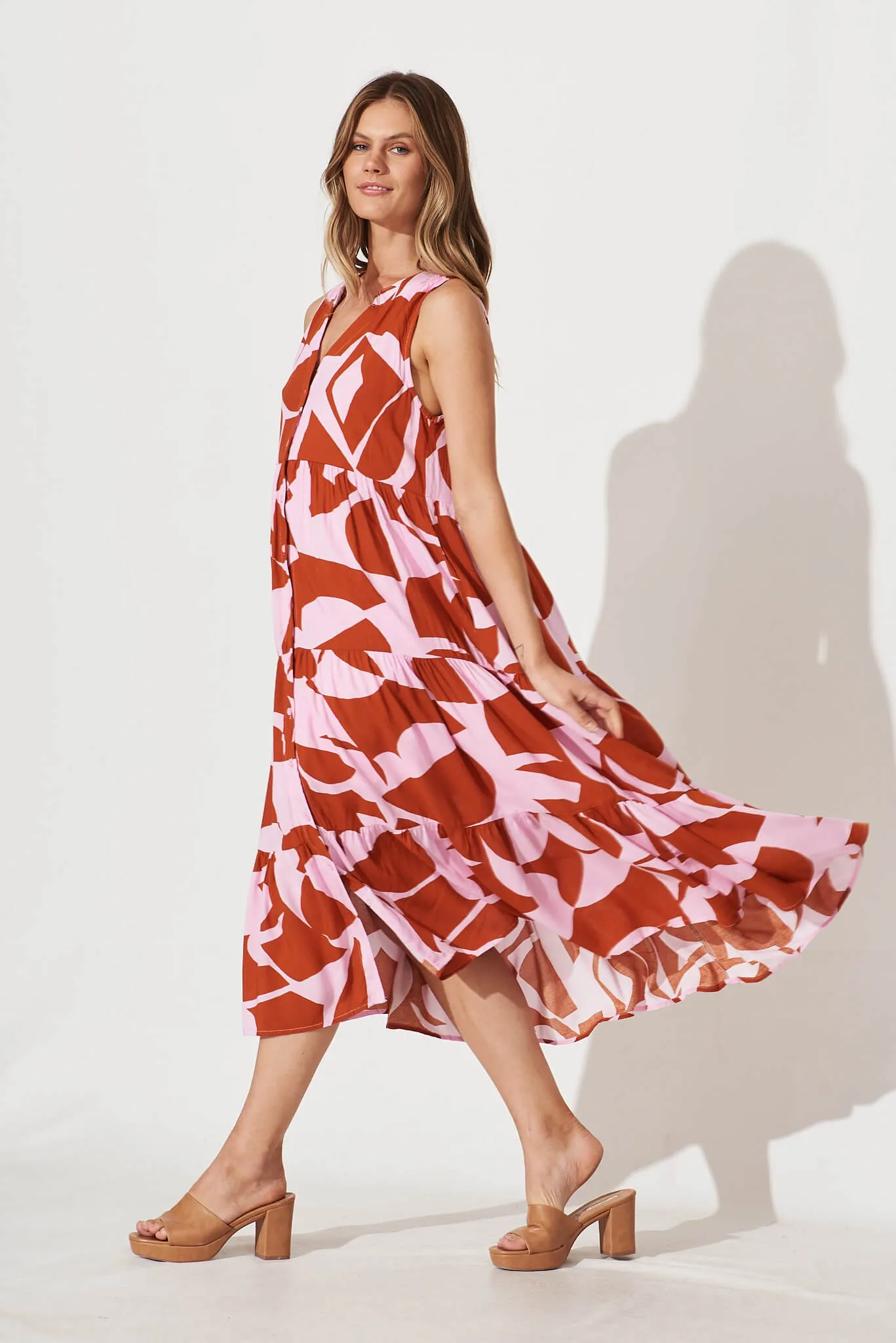 Clover Midi Smock Dress In Rust And Pink Geometric Print sold by St Frock product image thumbnail 3