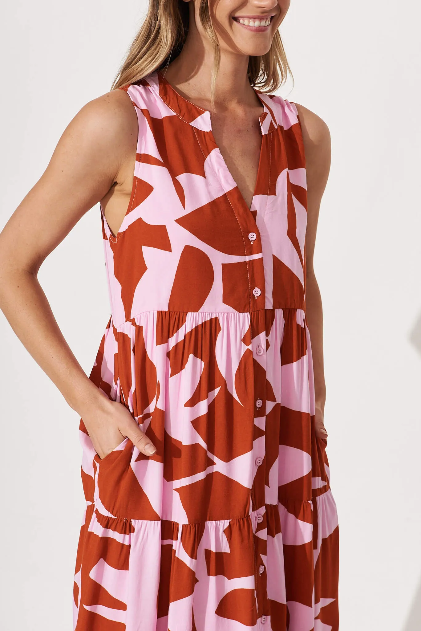 Clover Midi Smock Dress In Rust And Pink Geometric Print sold by St Frock product image thumbnail 5