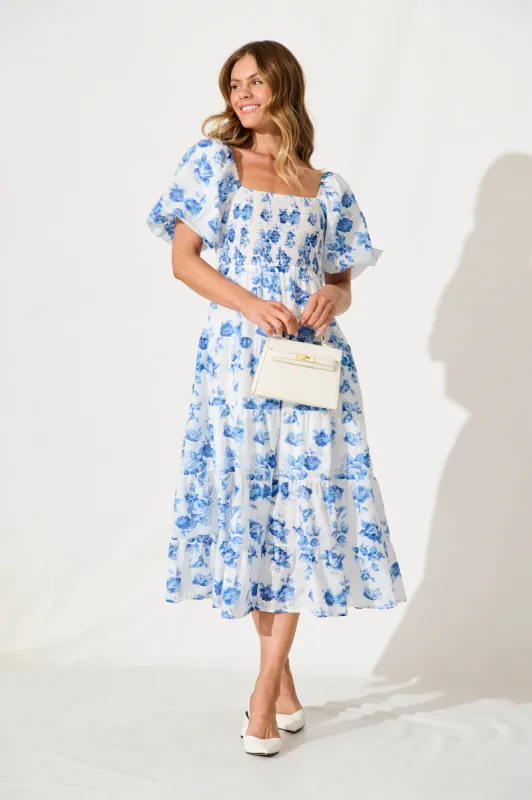 Luella Midi Dress In White With Blue Floral Cotton Blend sold by St Frock