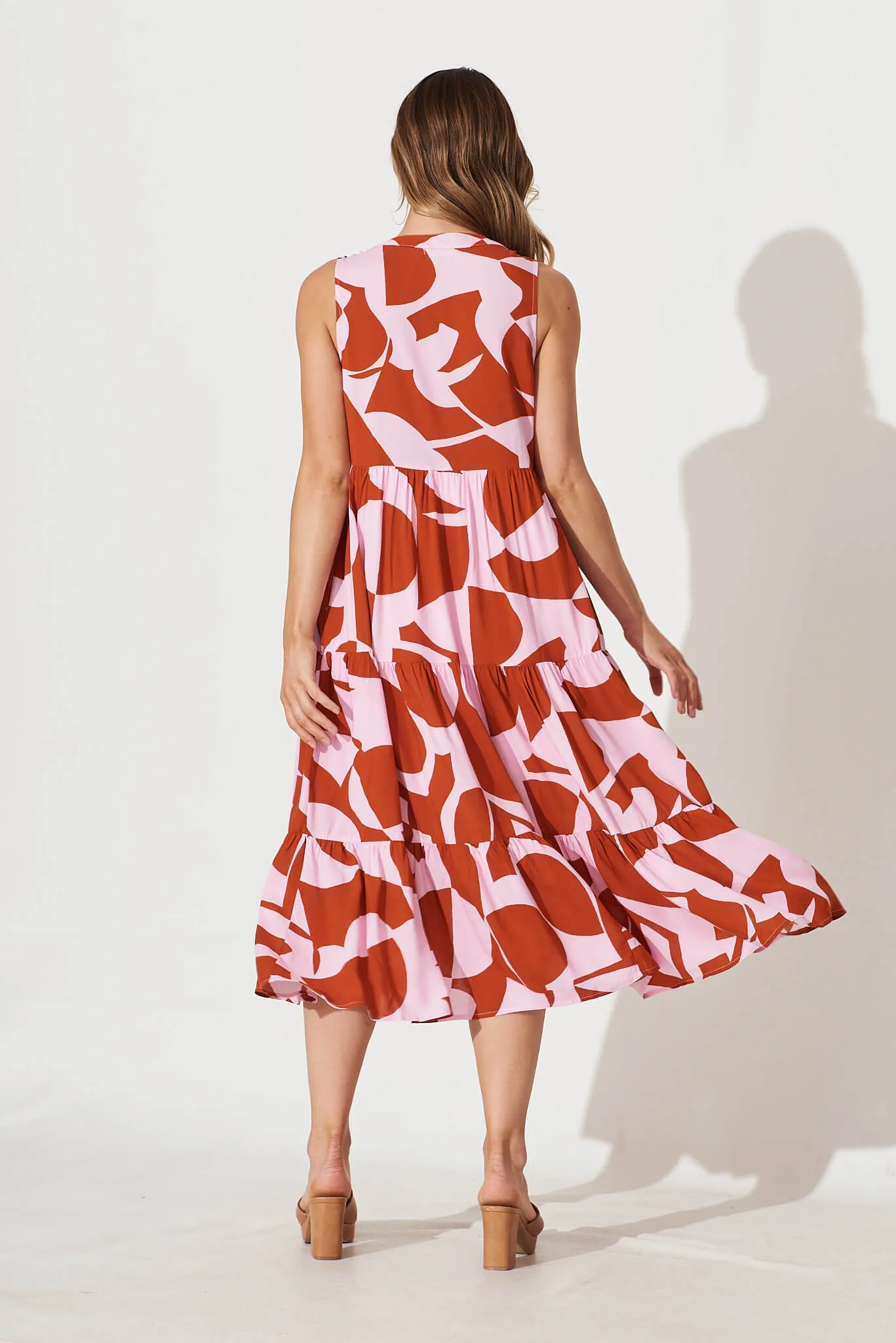 Clover Midi Smock Dress In Rust And Pink Geometric Print sold by St Frock product image thumbnail 4