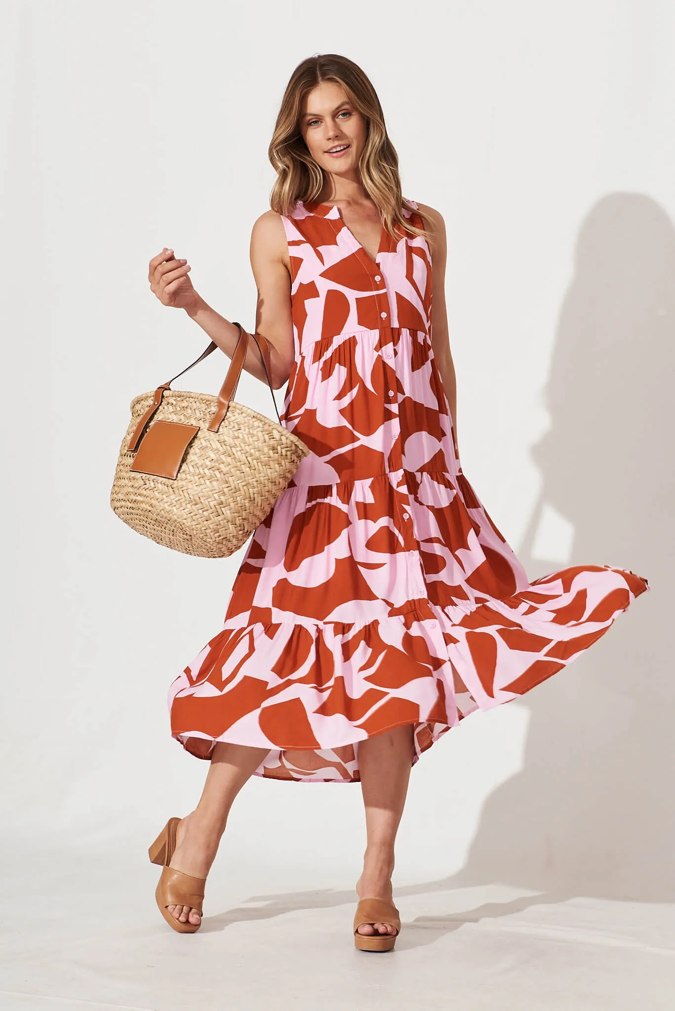 Clover Midi Smock Dress In Rust And Pink Geometric Print sold by St Frock