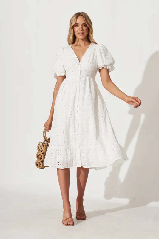 Victorian Midi Dress In White Cotton Broderie sold by St Frock