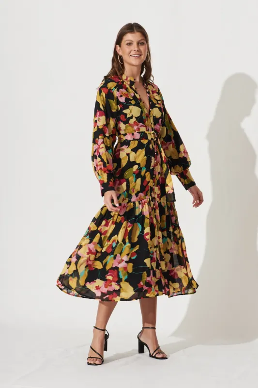 Electra Midi Shirt Dress In Black With Pink And Mustard Floral Print Chiffon sold by St Frock