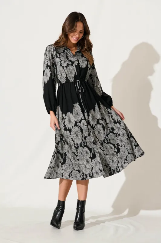 Salma Midi Shirt Dress In Black Floral sold by St Frock