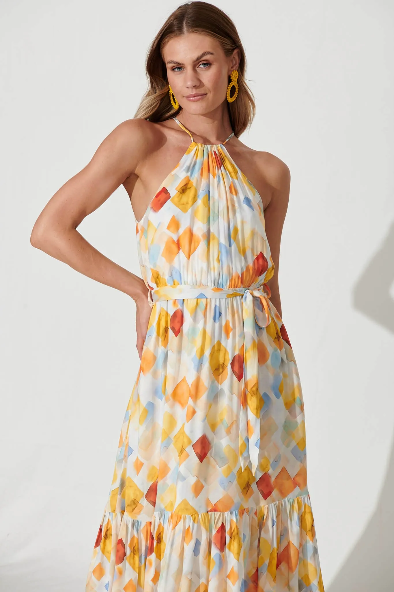 Aleta Maxi Dress In Orange Multi Diamond Print sold by St Frock product image thumbnail 2