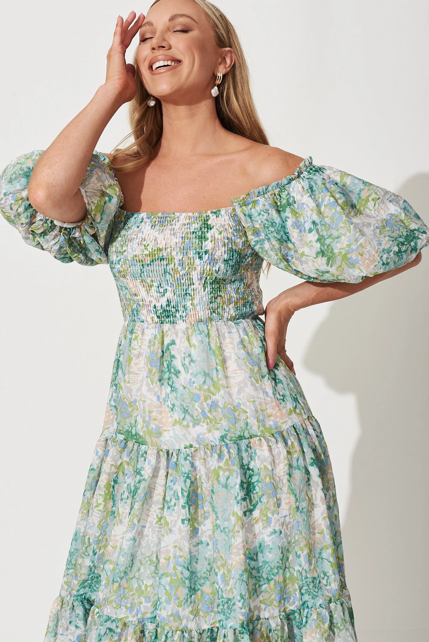 Kaitie Midi Dress In Green Watercolour Floral Print sold by St Frock product image thumbnail 2