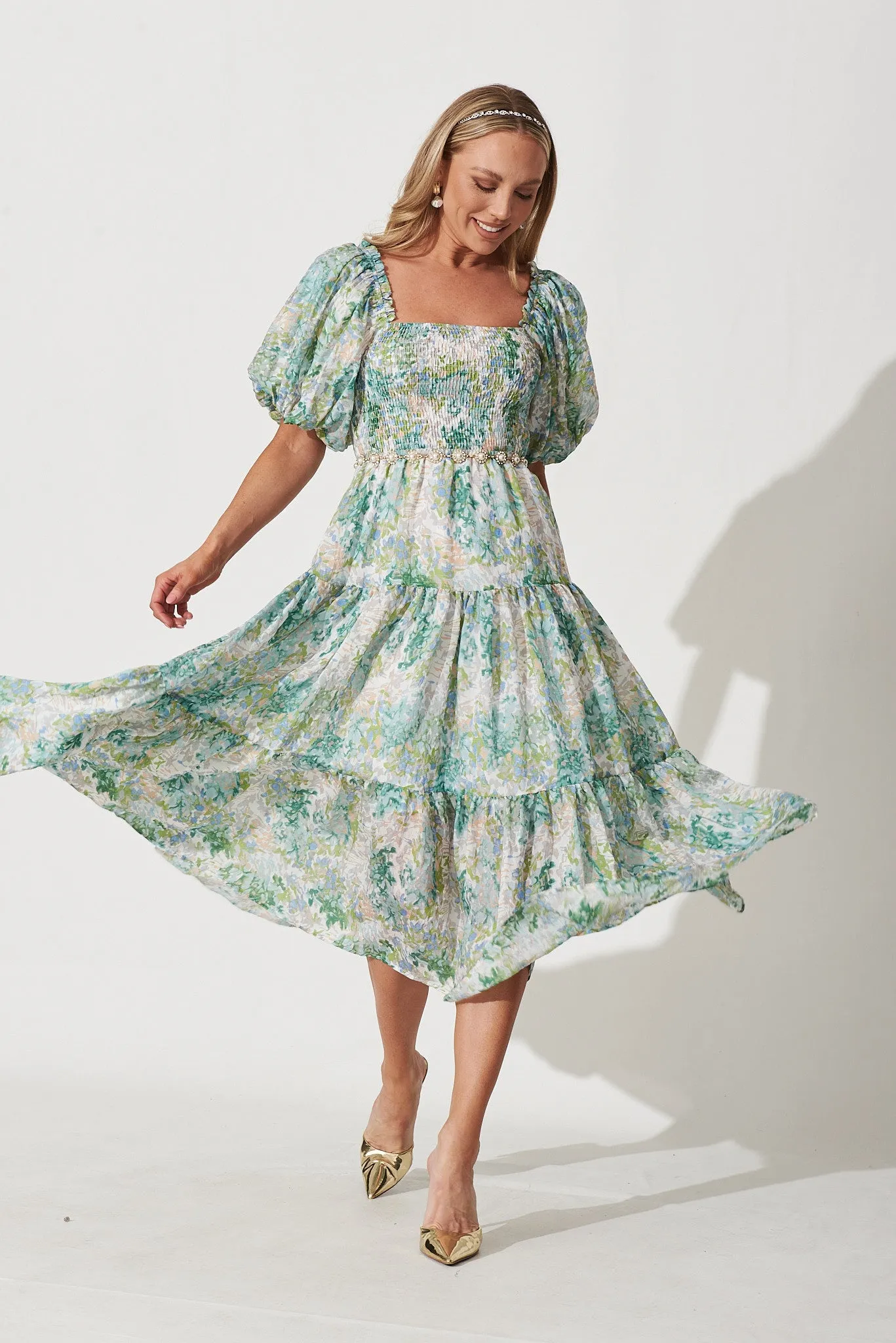 Kaitie Midi Dress In Green Watercolour Floral Print sold by St Frock