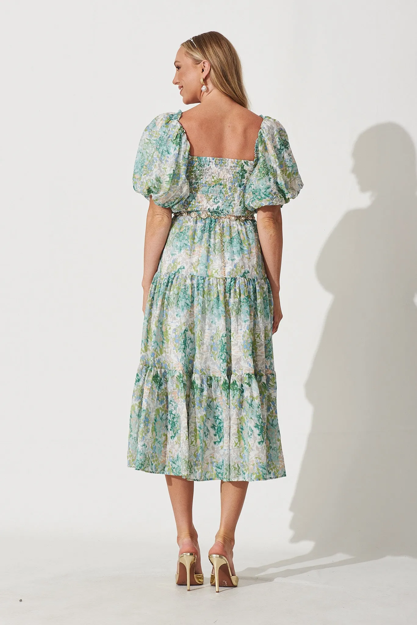 Kaitie Midi Dress In Green Watercolour Floral Print sold by St Frock product image thumbnail 4
