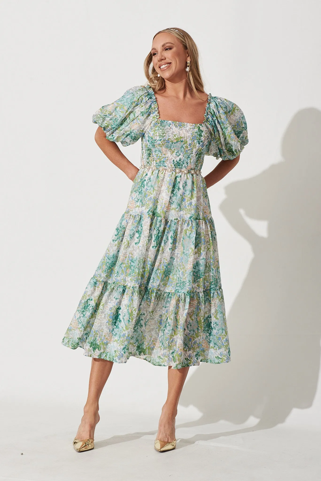 Kaitie Midi Dress In Green Watercolour Floral Print sold by St Frock product image thumbnail 5