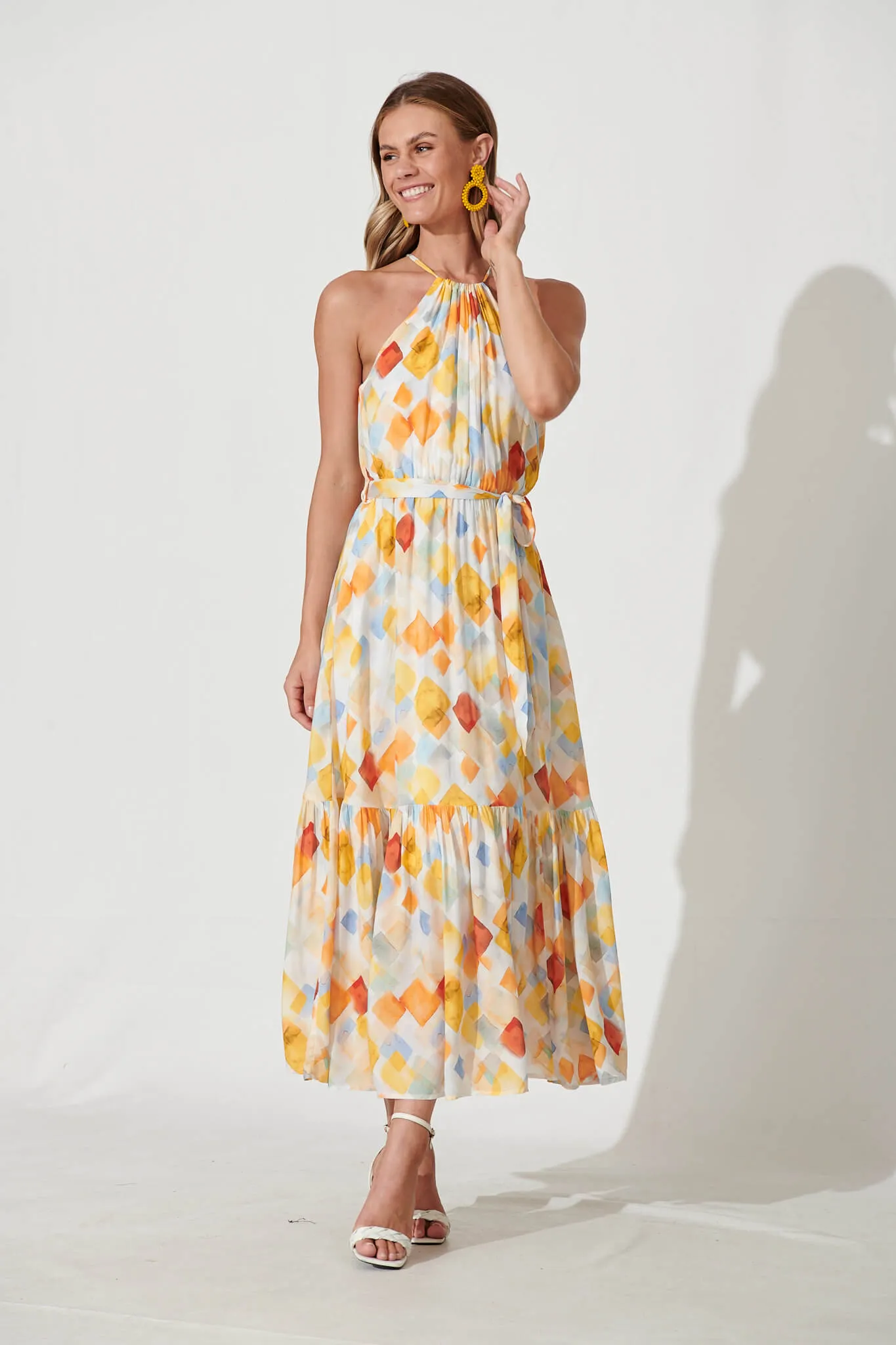 Aleta Maxi Dress In Orange Multi Diamond Print sold by St Frock