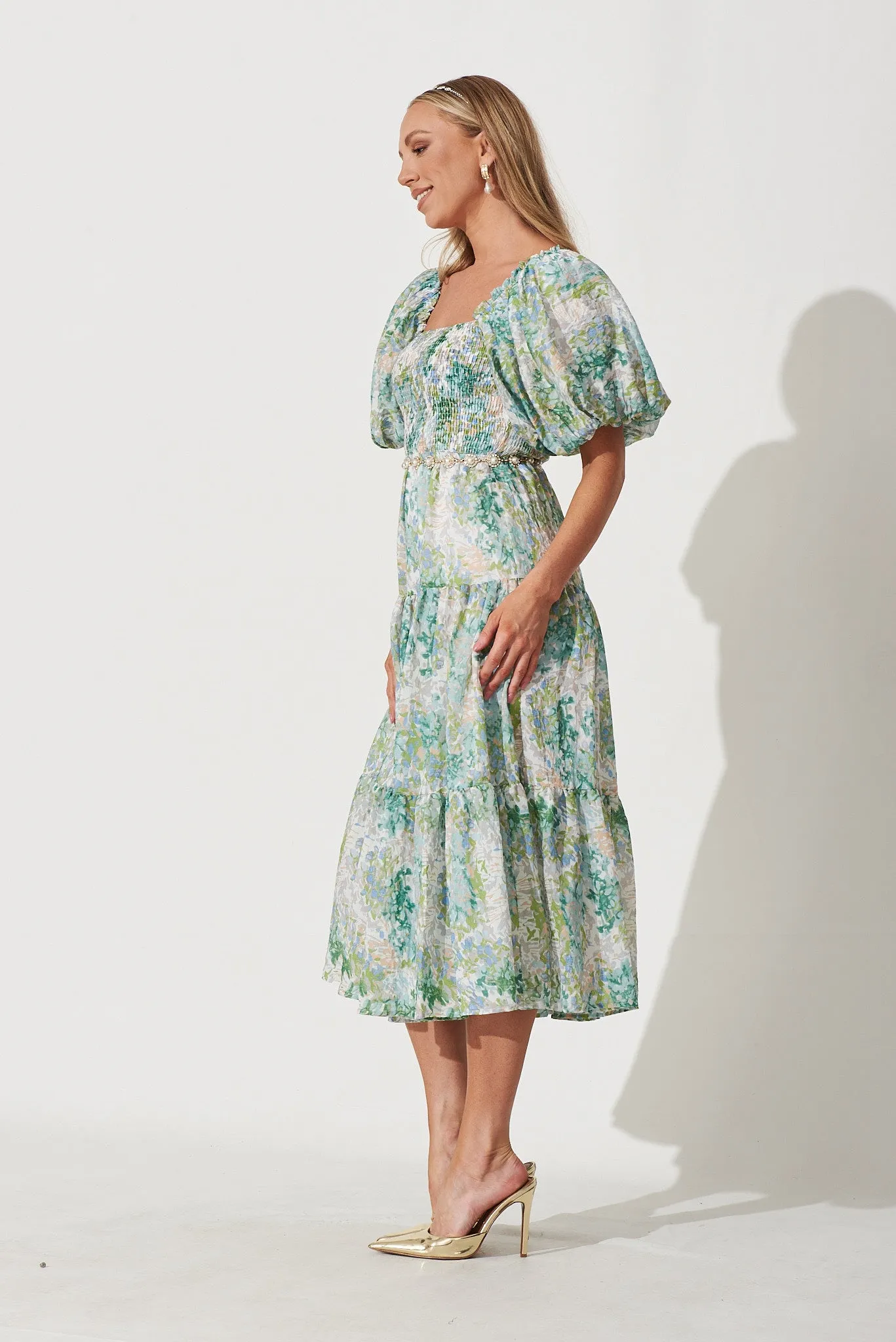 Kaitie Midi Dress In Green Watercolour Floral Print sold by St Frock product image thumbnail 3