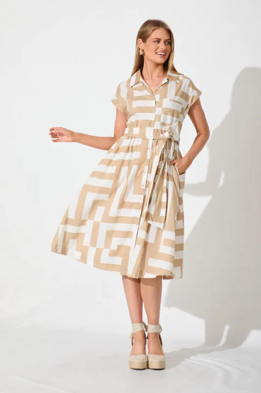 Leilani Midi Shirt Dress Beige With White Geometric Cotton sold by St Frock