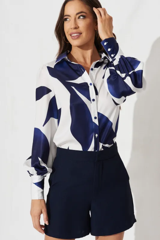 Callia Shirt In White With Navy Print sold by St Frock