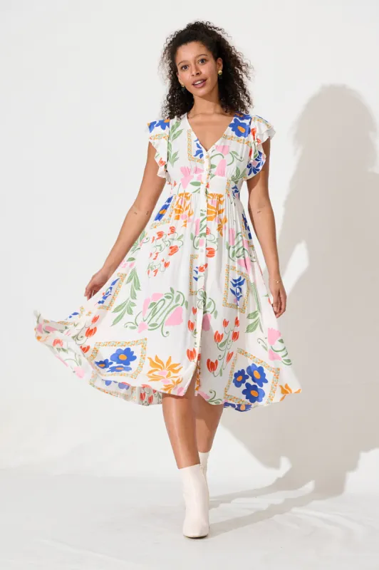 Daffodil Midi Dress In White With Bright Flowers sold by St Frock