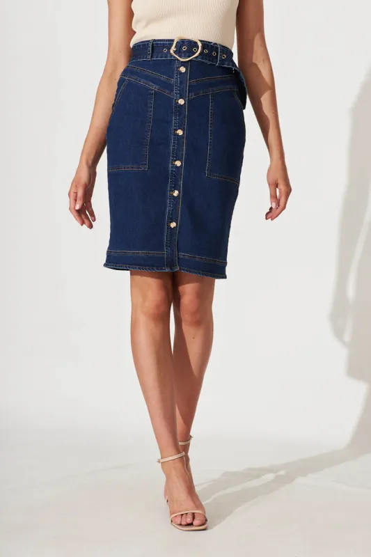 Arabella Denim Skirt With Belt In Dark Blue sold by St Frock