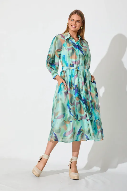 Jenna Midi Shirt Dress In Green With Multi Cotton Blend sold by St Frock