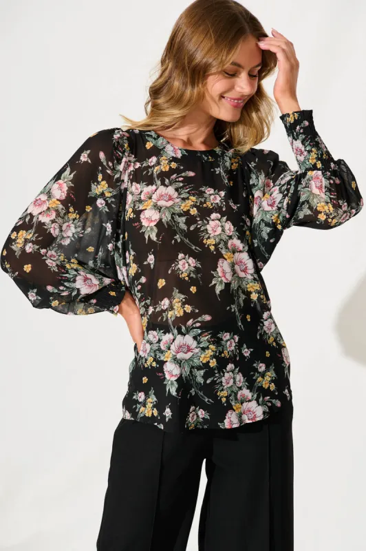 Jonisa Top In Black With Multi Floral Chiffon sold by St Frock