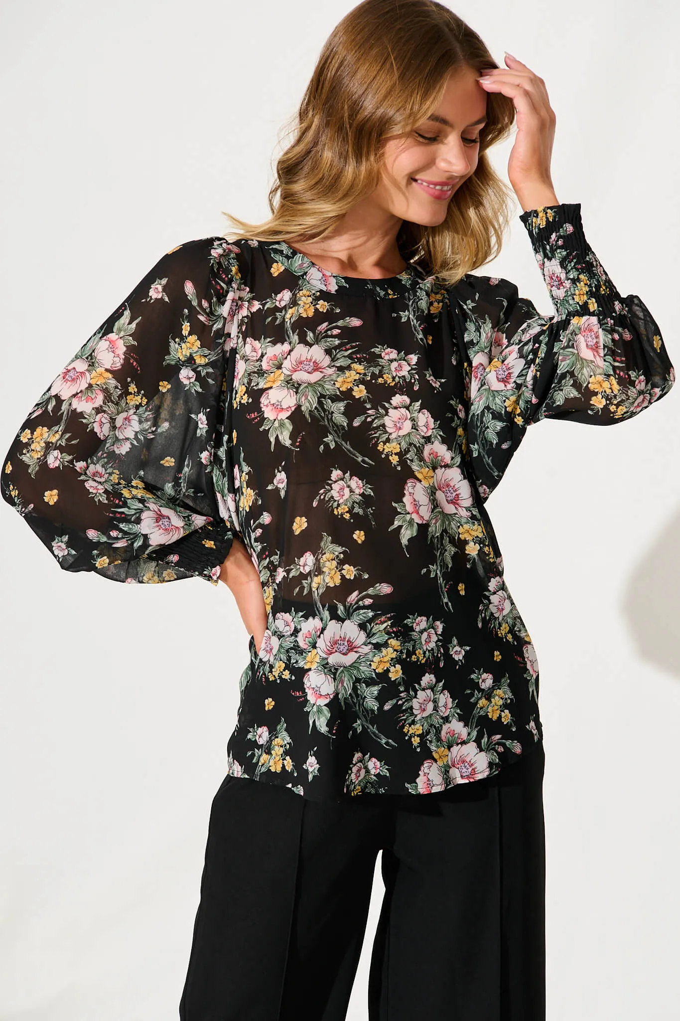 Jonisa Top In Black With Multi Floral Chiffon sold by St Frock