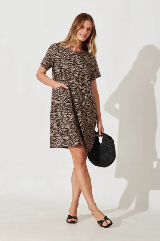 Nectar Smock Dress In Black With Brown Print Cotton sold by St Frock
