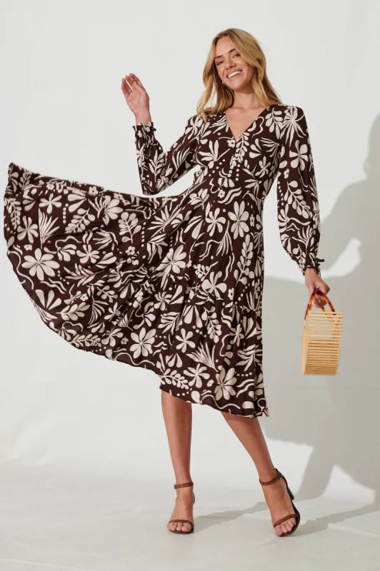 Point Midi Dress In Chocolate With Cream Floral sold by St Frock