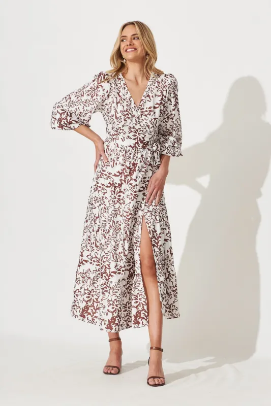 Castle Cove Wrap Maxi Dress In White With Brown Floral sold by St Frock