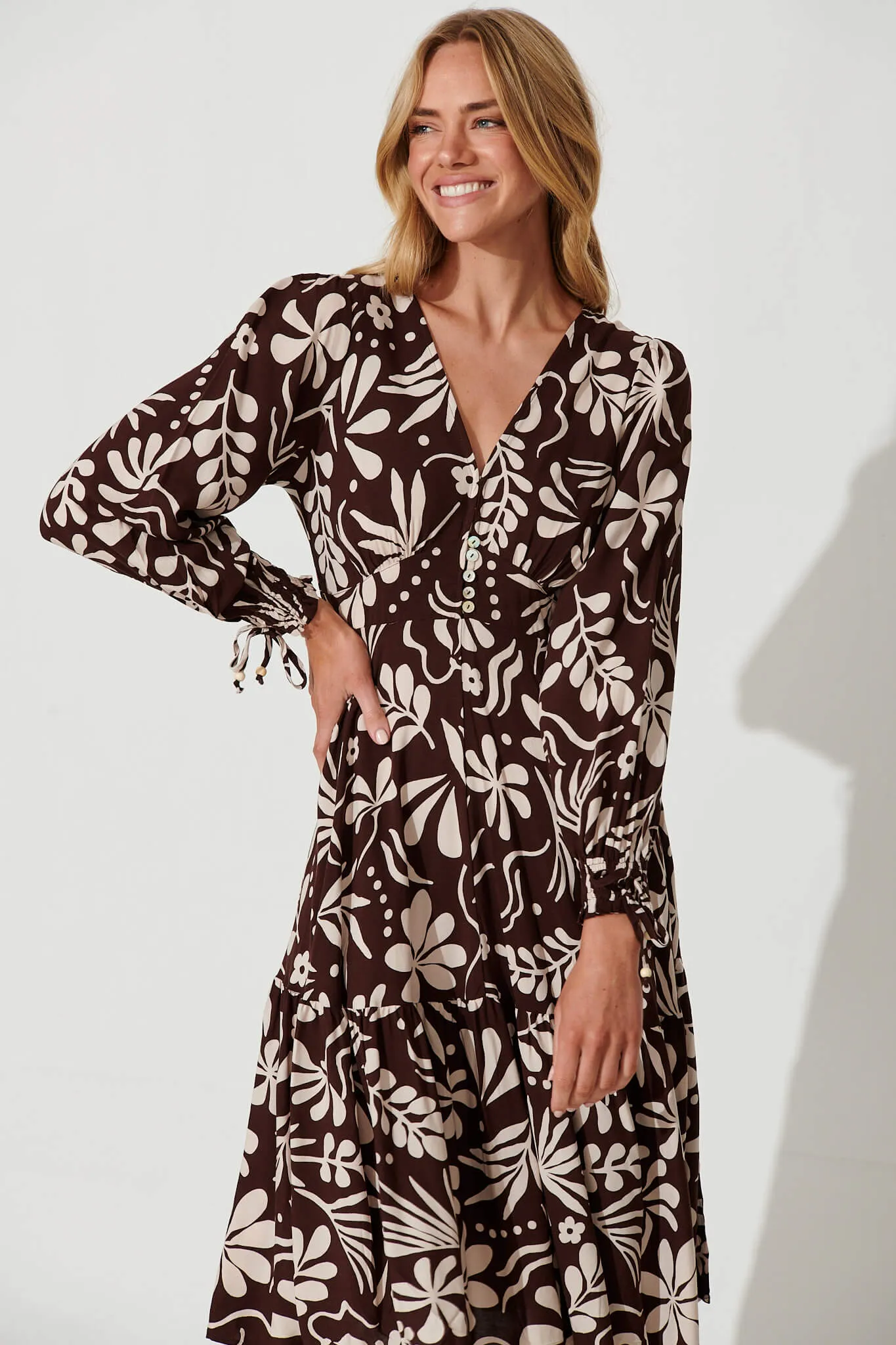 Point Midi Dress In Chocolate With Cream Floral sold by St Frock product image thumbnail 2