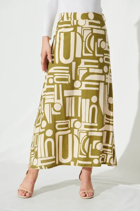 Penny Maxi Skirt In Cream And Olive Abstract Linen Blend sold by St Frock