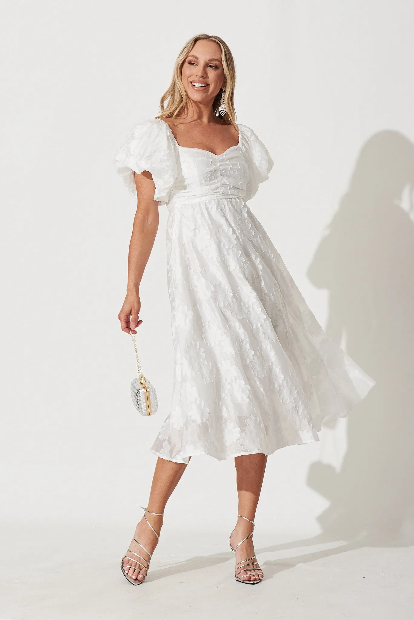 Flora Midi Dress In White Floral Burnout Organza sold by St Frock