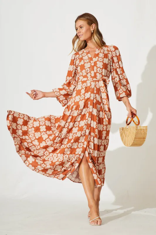 Anouka Maxi Dress In Rust Sun Print Linen Blend sold by St Frock