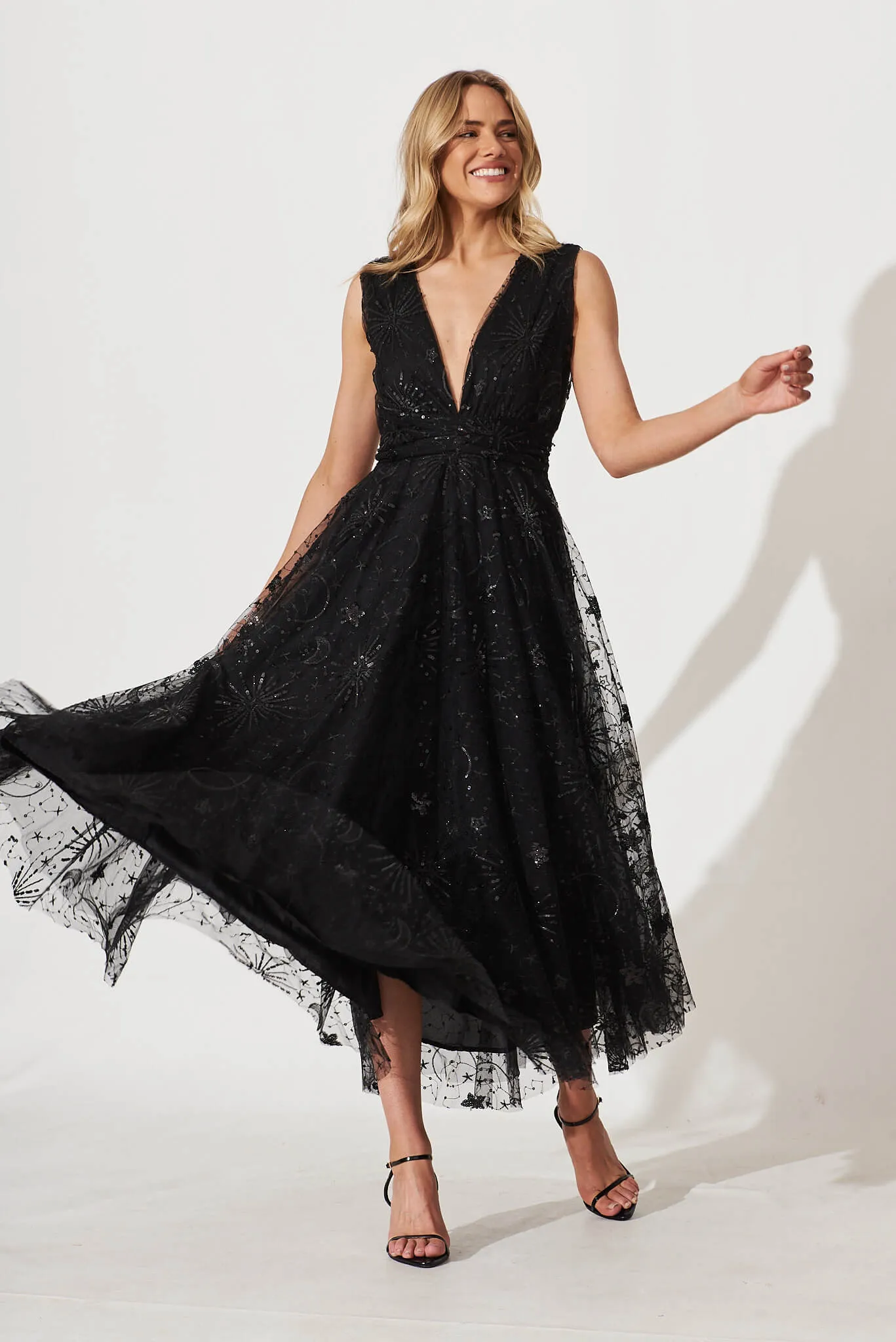 Dazzle Maxi Dress In Black Sequin Tulle sold by St Frock