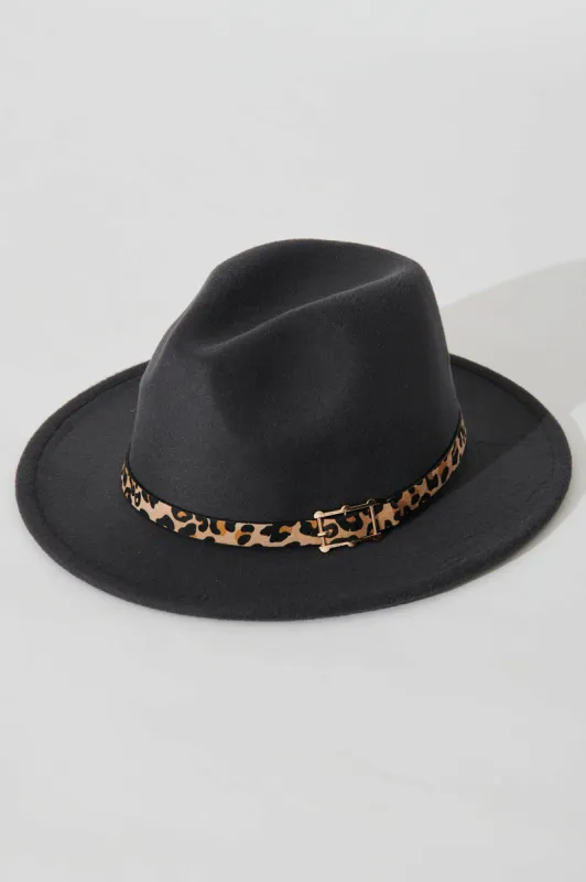 Dancy Fedora Hat In Dark Grey With Leopard Trim sold by St Frock