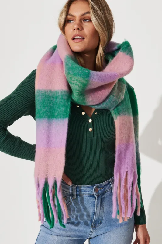 Brooklyn Knit Scarf In Multi Green And Lilac Check sold by St Frock