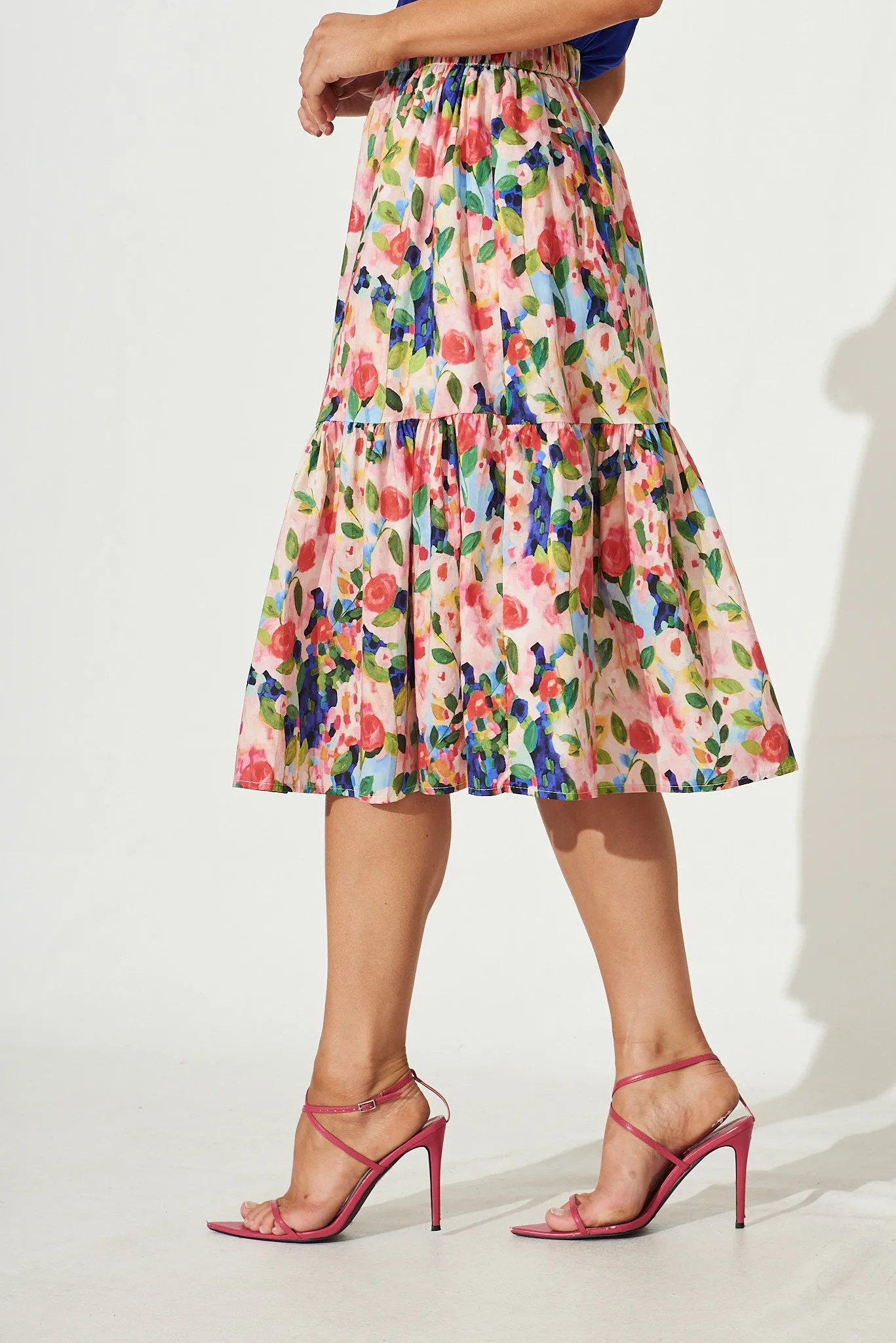 Paradise Midi Skirt In Pink With Multi Watercolour Floral Cotton sold by St Frock product image thumbnail 3