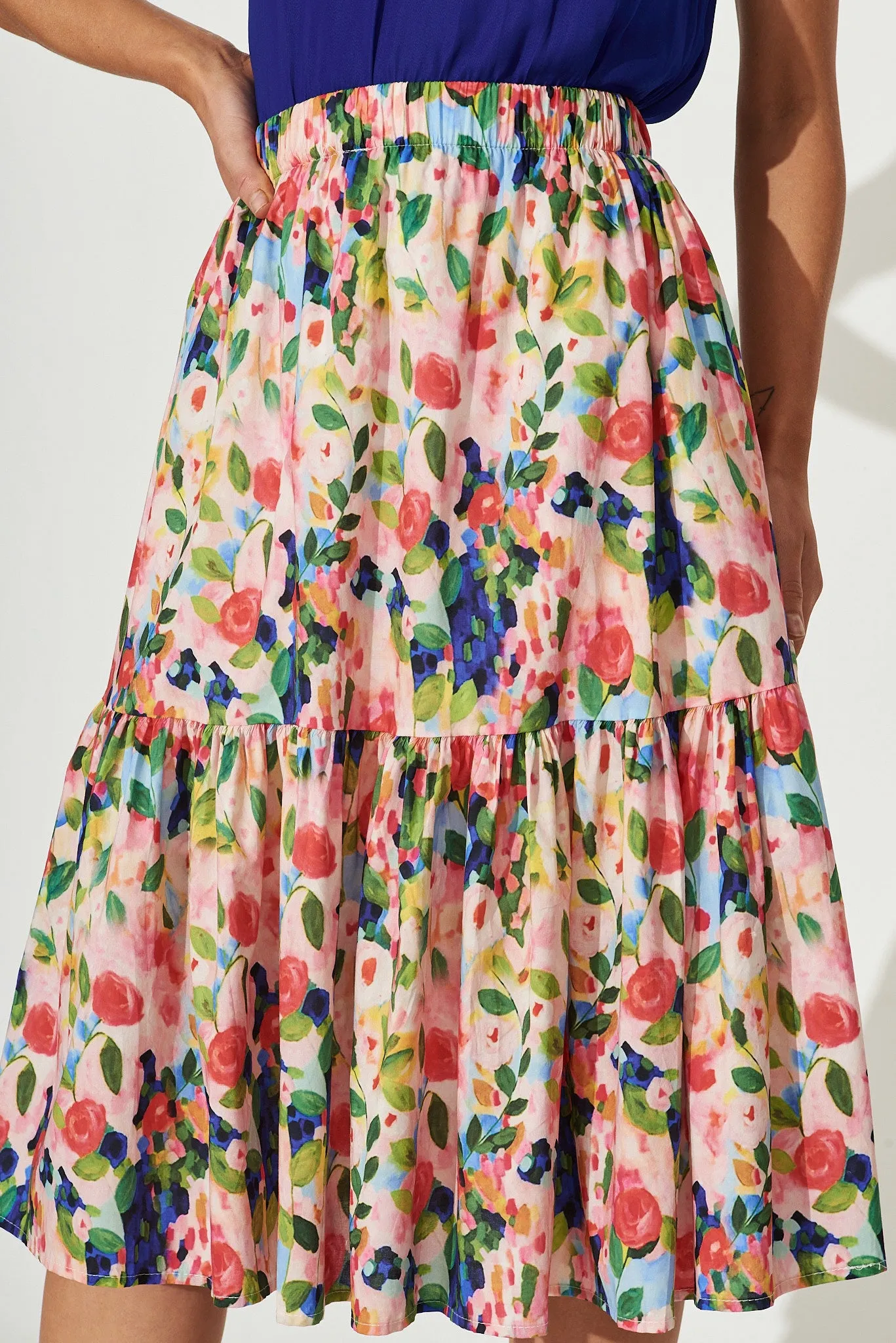 Paradise Midi Skirt In Pink With Multi Watercolour Floral Cotton sold by St Frock product image thumbnail 5