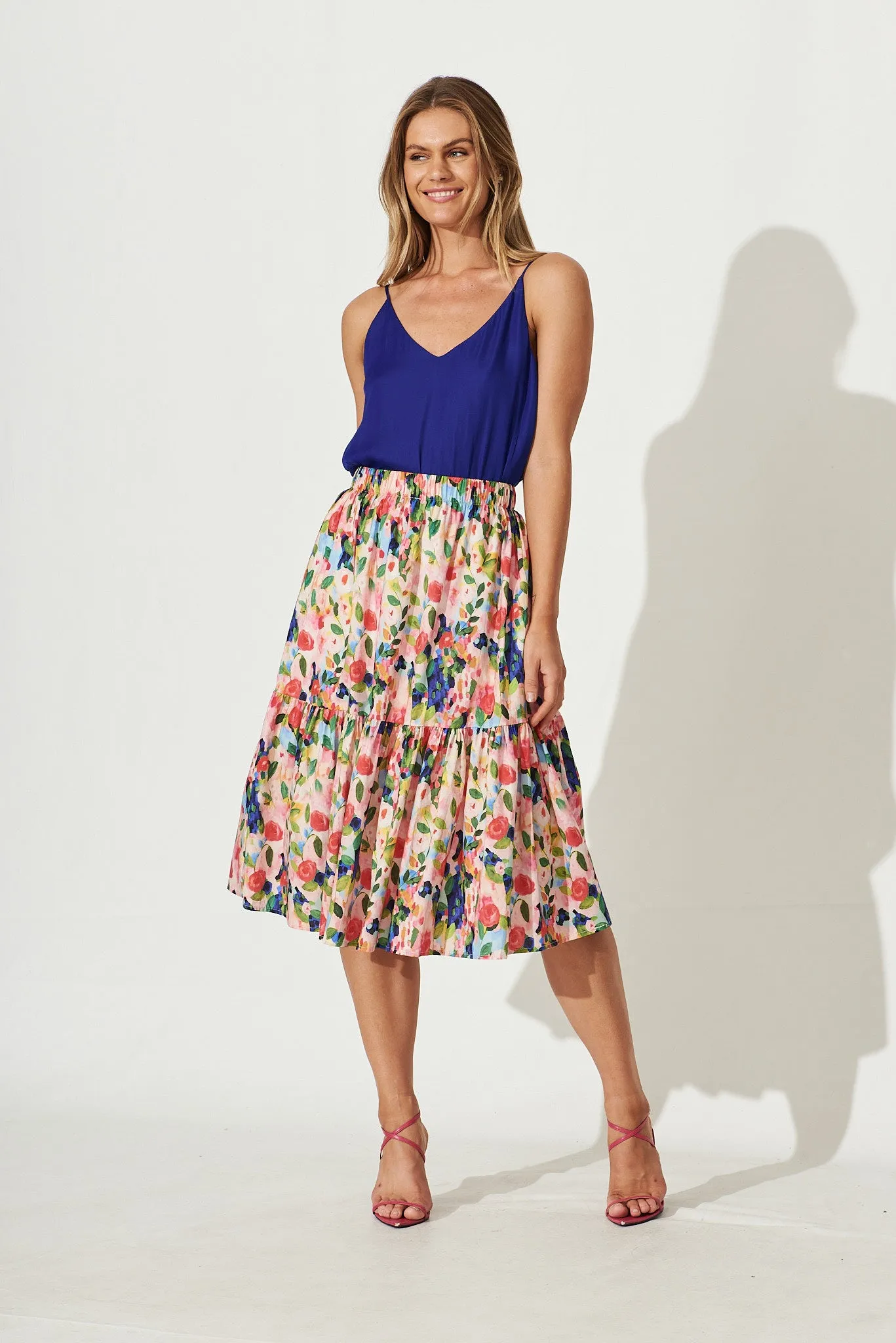 Paradise Midi Skirt In Pink With Multi Watercolour Floral Cotton sold by St Frock product image thumbnail 2