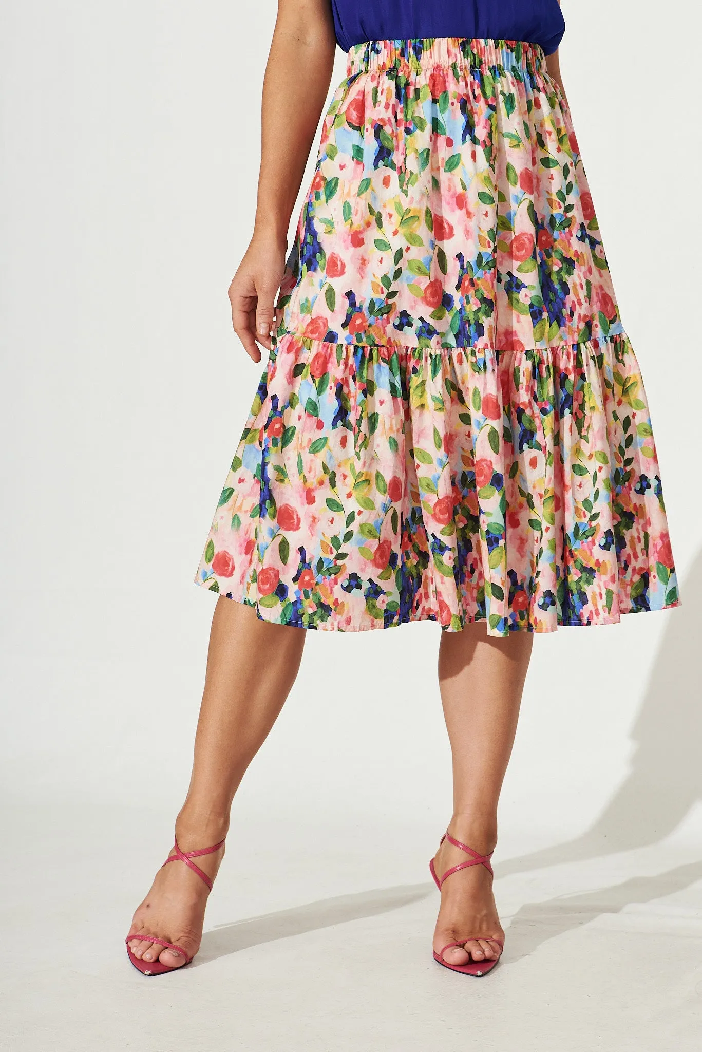 Paradise Midi Skirt In Pink With Multi Watercolour Floral Cotton sold by St Frock